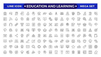 Education and Learning Outline icons set. Education, School, Learning, university, textbook.Containing tuition, e-learning, online courses, educational websites, and digital education icons. vector