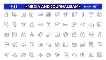 Journalism and mass media outline icon set. Containing microphone, journalist, press conference, newspaper social networks, public communication, and networking. vector