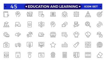 Education and Learning Outline icons set. Education, School, Learning, university, textbook.Containing tuition, e-learning, online courses, educational websites, and digital education icons. vector