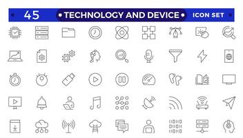 Technology and Device web icons in outline style. Computer monitor, smartphone, tablet, laptop, Mail, Search, Cloud, Media icon.Big UI icon set in a flat design. Technology and Device web icons. vector