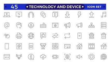 Technology and Device web icons in outline style. Computer monitor, smartphone, tablet, laptop, Mail, Search, Cloud, Media icon.Big UI icon set in a flat design. Technology and Device web icons. vector