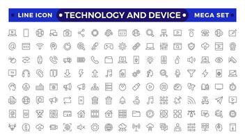 Technology and Device web icons in outline style. Computer monitor, smartphone, tablet, laptop, Mail, Search, Cloud, Media icon.Big UI icon set in a flat design. vector