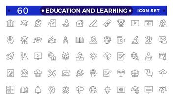 Education and Learning Outline icons set. Education, School, Learning, university, textbook.Containing tuition, e-learning, online courses, educational websites, and digital education icons. vector
