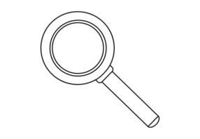 Hand drawn cute outline illustration magnifying glass. Flat searching optical tool sticker in line art doodle style. Discover or explore icon. Searching for opportunity. Data analysis. Isolated vector