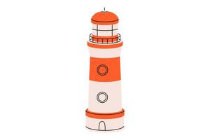 Hand drawn cute cartoon illustration of lighthouse. Flat direction choice in doodle style. Support or help in ocean icon. Navigation tower. Strategy solution. Way decision. SOS. Isolated. vector