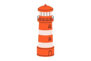Hand drawn cute cartoon illustration of lighthouse. Flat direction choice in doodle style. Support or help in ocean icon. Navigation tower. Strategy solution. Way decision. SOS. Isolated. vector