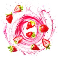 Pink smoothie splash swirl circular strawberry slices floating on transparent background.. png