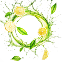 Green tea splash circular swirl lemon slices floating on transparent background.. png