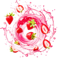Pink smoothie splash swirl circular strawberry slices floating on transparent background.. png