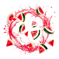 Watermelon juice splash swirl circular watermelon slices floating on transparent background.. png