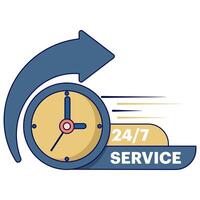 customer service concept, serving customers every day, 24 7 hour service in flat style. Fast service time sign business concept. All day business and service illustration on isolated background. vector
