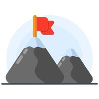 Concept of business mission, career peak. mountain with a flag on it, Mountain climbing path to the top. The business journey path runs towards success. Mountain peak, climbing route to the top. vector