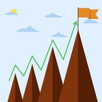 Concept of business mission, career peak. mountain with a flag on it, Mountain climbing path to the top. The business journey path runs towards success. Mountain peak, climbing route to the top. vector