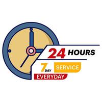 customer service concept, serving customers every day, 24 7 hour service in flat style. Fast service time sign business concept. All day business and service illustration on isolated background. vector