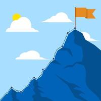 Concept of business mission, career peak. mountain with a flag on it, Mountain climbing path to the top. The business journey path runs towards success. Mountain peak, climbing route to the top. vector
