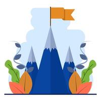 Concept of business mission, career peak. mountain with a flag on it, Mountain climbing path to the top. The business journey path runs towards success. Mountain peak, climbing route to the top. vector