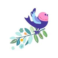 Bird with a green blue branch in folk style vector