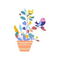 Isolated minimalistic delicate flowers ang bird in a pot in folk style vector