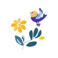 Minimalist graphic branch with yellow flower and bird vector
