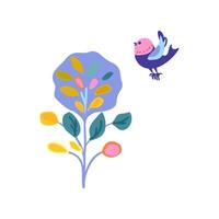 Lilac tree and bird in folklore style vector