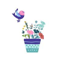 Bird and colorful flower in a turquoise pot in folk style vector