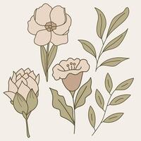 Set of 5 botanical elements featuring flowers and branches in pastel line-art, perfect for modern and elegant designs vector