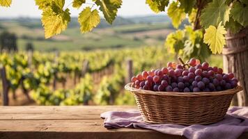 Ripe red grape in a wicker bowl on a wicker basket on rural countryside blurred background. Banner with copy space. Farm natural products, winemaking concept. Landscape with a vineyard photo