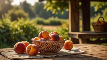 Ripe fragrant peaches in a wicker bowl with tablecloth on a wooden surface on rustic countryside blurred background. Banner with copy space. Farm natural products, produce concept. Nature landscape photo