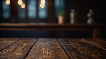 Empty dark wooden table top on blurred bar or restaurant background with warm lighting. Banner with copy space. Template showcase scene for display, montage, advertising product. photo