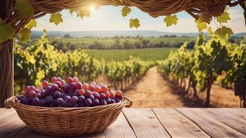 Ripe red grape in a wicker bowl on a wicker bowl on rustic countryside blurred background. Banner with copy space. Farm natural products, winemaking concept. Landscape with a vineyard photo
