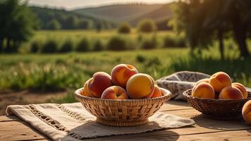 Ripe fragrant peaches in a wicker bowl with tablecloth on a wooden surface on rustic countryside blurred background. Banner with copy space. Farm natural products concept. Nature landscape photo