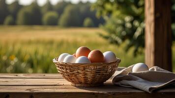Rustic chicken eggs in a wicker bowl on tablecloth on a wooden surface on rustic countryside blurred background. Banner with copy space. Farm natural products concept. Nature landscape photo