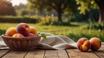 Ripe fragrant peaches in a wicker bowl with tablecloth on a wooden surface on rustic countryside blurred background. Banner with copy space. Farm natural products concept. Nature landscape photo