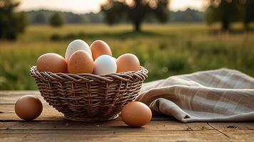 Rustic chicken eggs in a wicker bowl on tablecloth on a wooden surface on rustic countryside blurred background. Banner with copy space. Farm natural products concept. Nature landscape photo