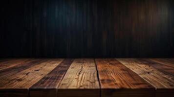 Empty dark wooden table top or surface on blurred black background. Banner with copy space. Template showcase scene for display, montage, advertising product. photo