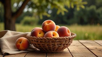 Ripe fragrant peaches in a wicker bowl with tablecloth on a wooden surface on rustic countryside blurred background. Banner with copy space. Farm natural products, eco food concept. Nature landscape photo