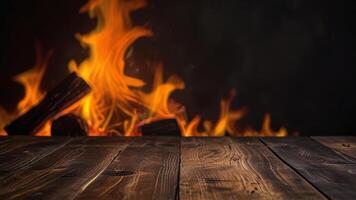 Empty dark textured wooden surface on blurred background with burning fireplace, smoke. Banner with copy space. Template showcase scene for display, montage, advertising product. photo