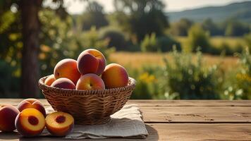 Ripe fragrant peaches in a wicker bowl with tablecloth on a wooden surface on rustic countryside blurred background. Banner with copy space. Farm natural products concept. Nature landscape photo