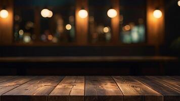 Empty dark wooden table top on blurred bar or restaurant background with warm lighting. Banner with copy space. Template showcase scene for display, montage, advertising product. photo