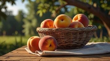 Ripe fragrant peaches in a wicker bowl with tablecloth on a wooden surface on rustic countryside blurred background. Banner with copy space. Farm natural products concept. Nature landscape photo