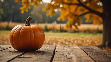 Wooden surface with pumpkin on blurred rustic countryside seasonal autumn background. Banner with copy space. Template showcase scene for display, montage, advertising product. photo