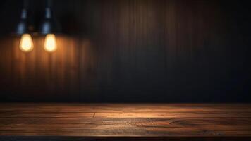 Empty dark wooden table top on blurred background with warm lighting. Banner with copy space. Template showcase scene for display, montage, advertising product. photo