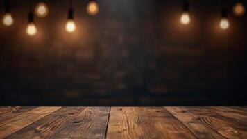 Empty dark wooden table top on blurred background with warm lighting. Banner with copy space. Template showcase scene for display, montage, advertising product. photo