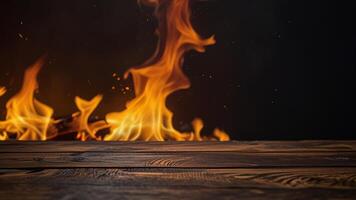 Empty dark textured wooden surface on blurred background with burning fire and sparks. Banner with copy space. Template showcase scene for display, montage, advertising product. photo
