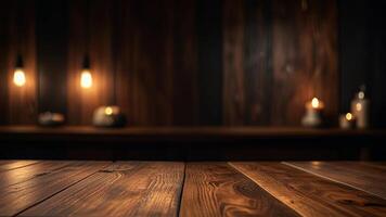 Empty dark wooden table top on blurred background with warm lighting. Banner with copy space. Template showcase scene for display, montage, advertising product. photo