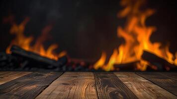 Empty dark textured wooden surface on blurred background with burning fireplace, smoke. Banner with copy space. Template showcase scene for display, montage, advertising product. photo