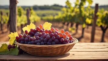 Ripe red grape in a wicker bowl on a wicker basket on rural countryside blurred background. Banner with copy space. Farm natural products, winemaking concept. Landscape with a vineyard photo
