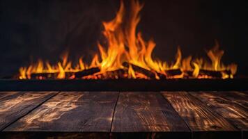 Empty dark textured wooden surface on blurred background with burning fireplace and smoke. Banner with copy space. Template showcase scene for display, montage, advertising product. photo
