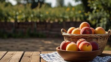Ripe fragrant peaches in a wicker bowl and plate with tablecloth on a wooden surface on rustic countryside blurred background. Banner with copy space. Farm natural products concept. Nature landscape photo