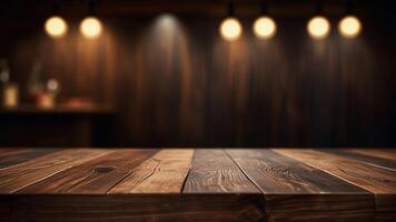 Empty dark wooden table top on blurred background with warm lighting, bokeh. Banner with copy space. Template showcase scene for display, montage, advertising product. photo
